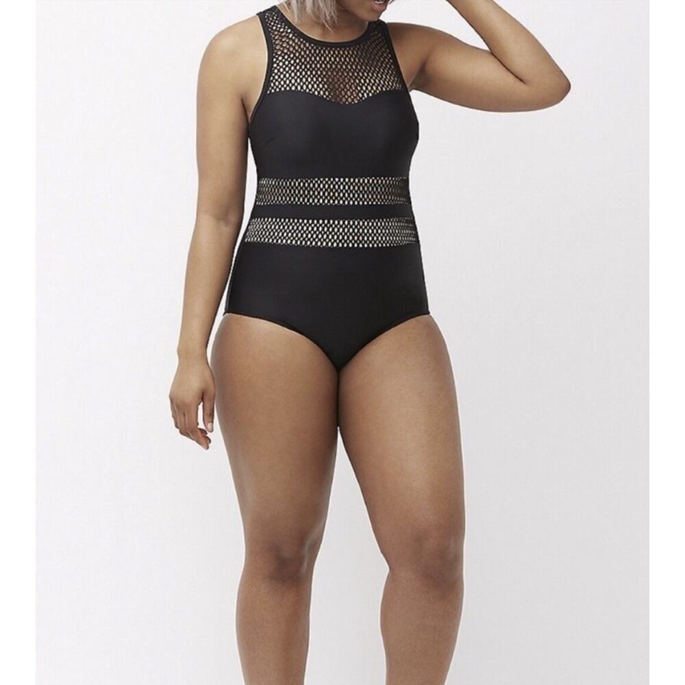 Cacique women’s Swimsuit Size 28 One Piece Black Nude Mesh NWT
